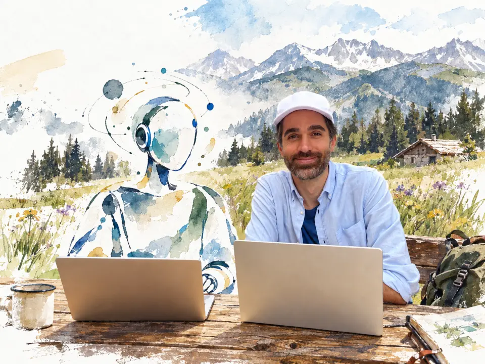 Watercolor illustration of Val working at a laptop at a wooden table in a mountain meadow, next to an AI figure at its own laptop.