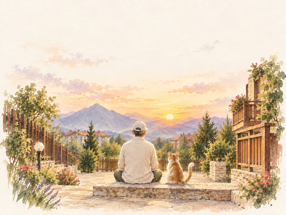 Watercolor of a person and a cat sitting together overlooking a village at sunset.