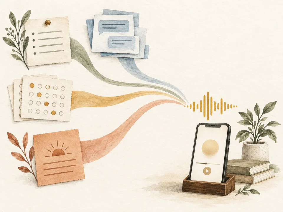 Watercolor of notes, preferences, and conversations flowing into a meditation playing on a phone.