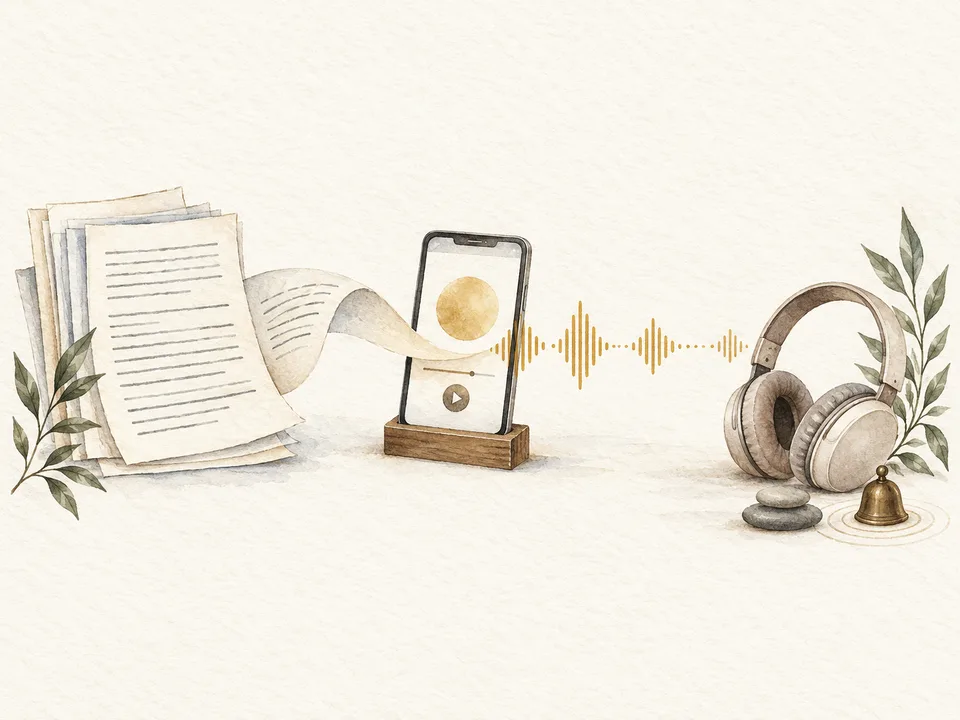 Watercolor of a written meditation becoming audio on a phone, with headphones nearby.