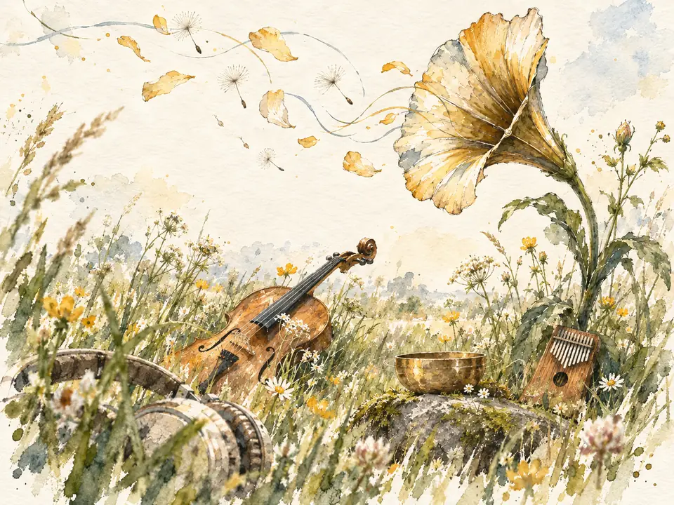 Watercolor of a flower blooming into a gramophone horn in a meadow, with petals and seeds drifting from it, and a cello, a singing bowl, a kalimba and headphones in the grass.